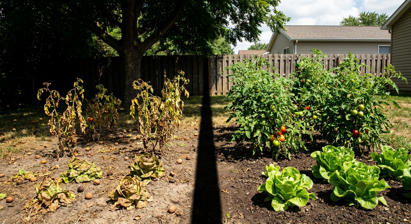 Comparison of wilted vegetables under black walnut tree versus thriving plants in Fort Wayne Indiana garden