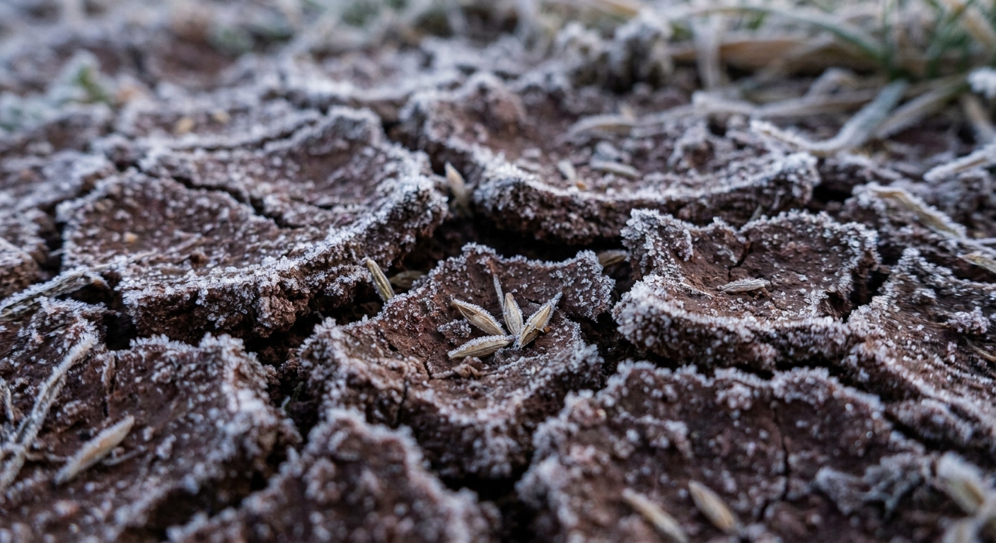 Close-up of frost seeding process showing grass seed settling into soil cracks from freeze-thaw cycles