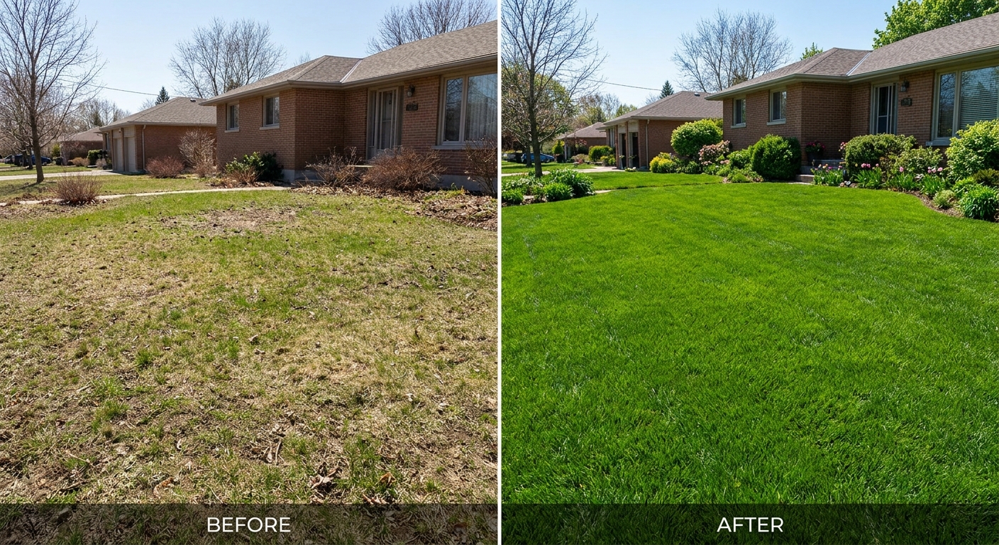 Before-and-after lawn comparison showing improvement from frost seeding in Fort Wayne spring growth
