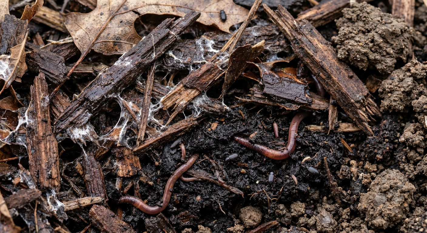 Close-up of decomposing organic mulch in Northeast Indiana soil showing earthworms and nutrient-rich humus layer