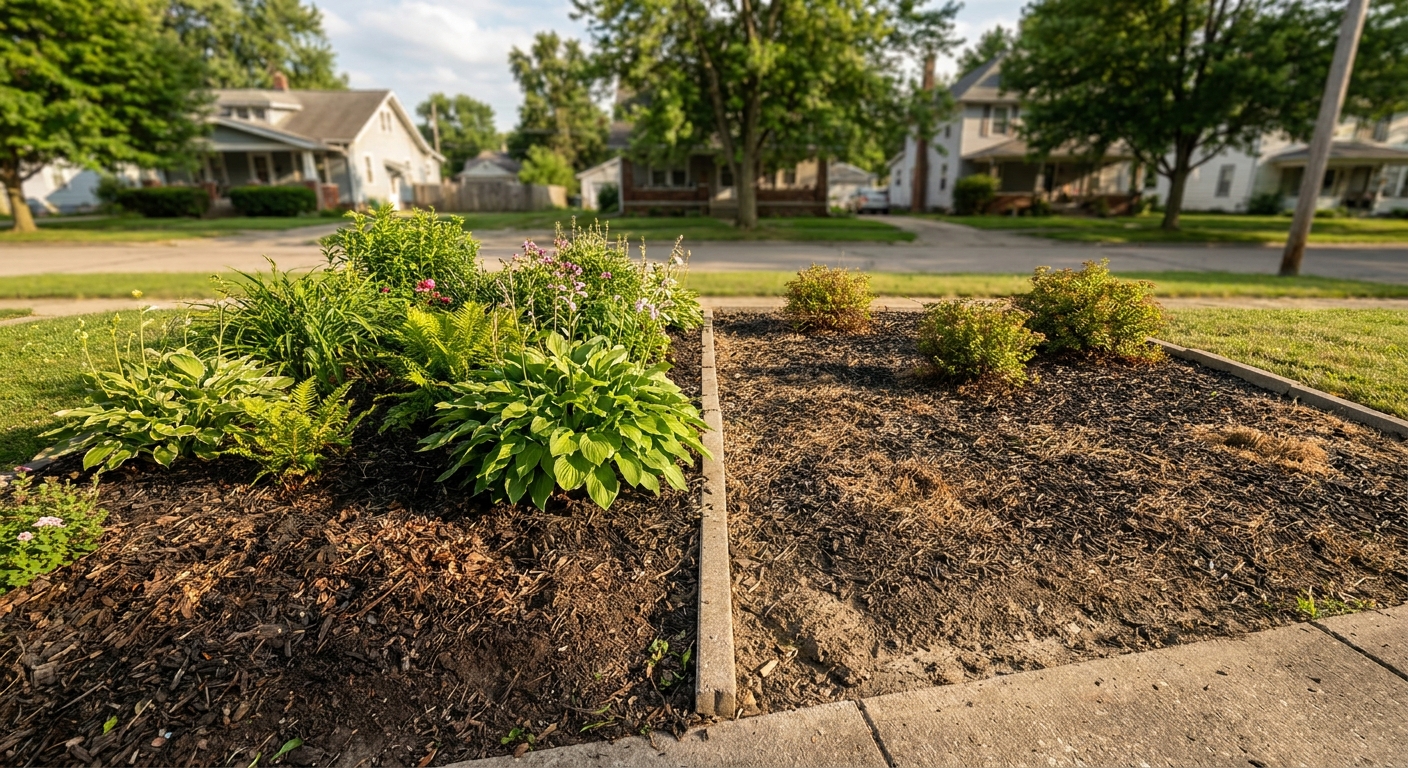 Comparison of established organic mulch versus aged rubber mulch in Fort Wayne landscaping beds