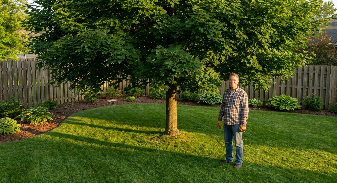 Clean Fort Wayne Indiana lawn beneath mature seedless maple tree showing low maintenance benefits