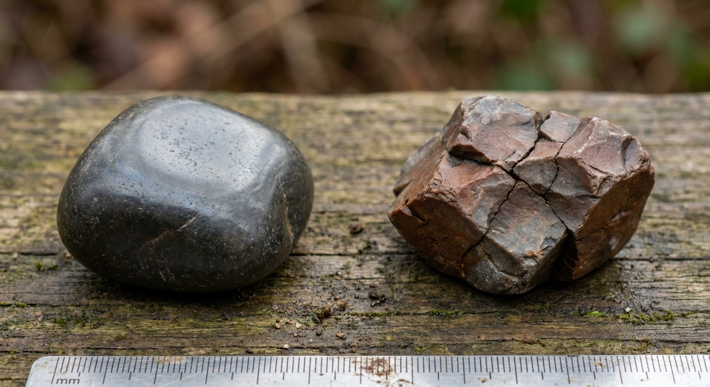 Close-up macro view comparing smooth and angular cracked river rock texture and edges for Fort Wayne landscaping