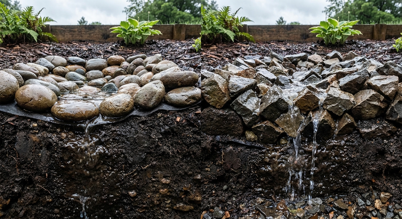Water drainage comparison through smooth versus cracked river rock in Northeast Indiana garden bed