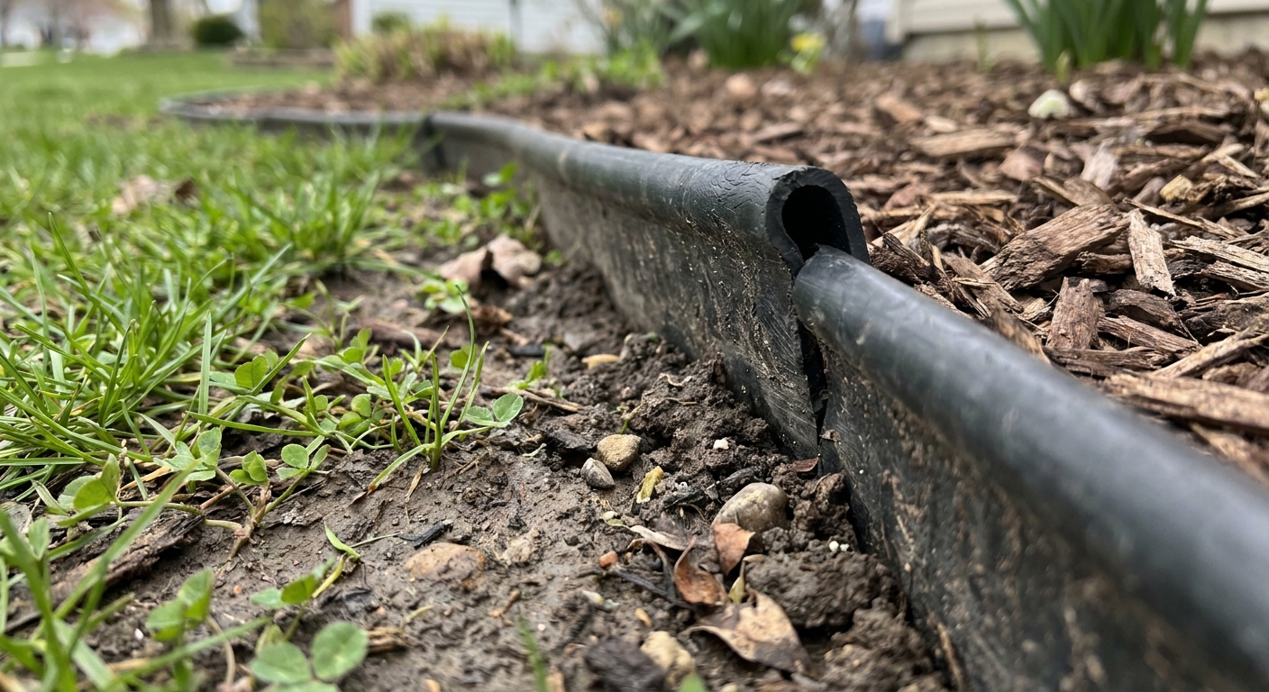 Close-up of flexible rubber edging installed in clay soil border between grass and mulch in Fort Wayne yard