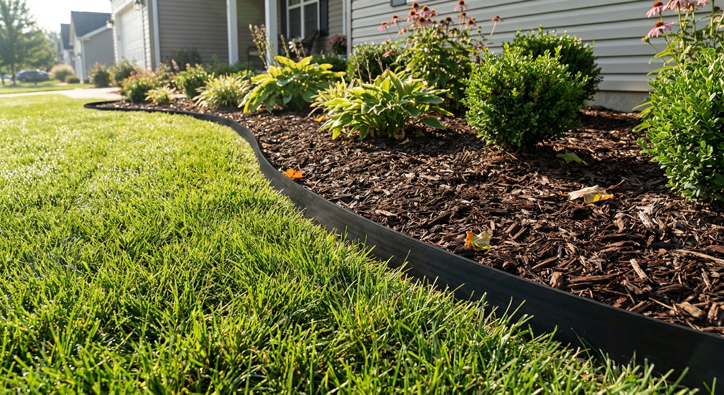 Rubber edging barrier separating Fort Wayne lawn from mulch garden bed with clean, defined border