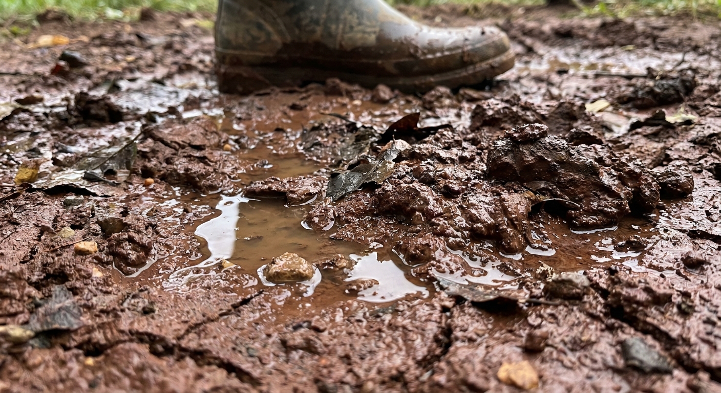 Water pooling in clay soil near Fort Wayne home foundation due to poor natural drainage in Northeast Indiana