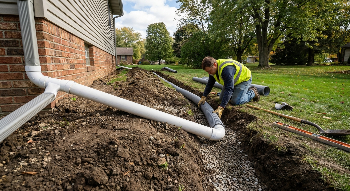 Underground gutter tile drainage system installation connecting gutters to foundation at Fort Wayne home