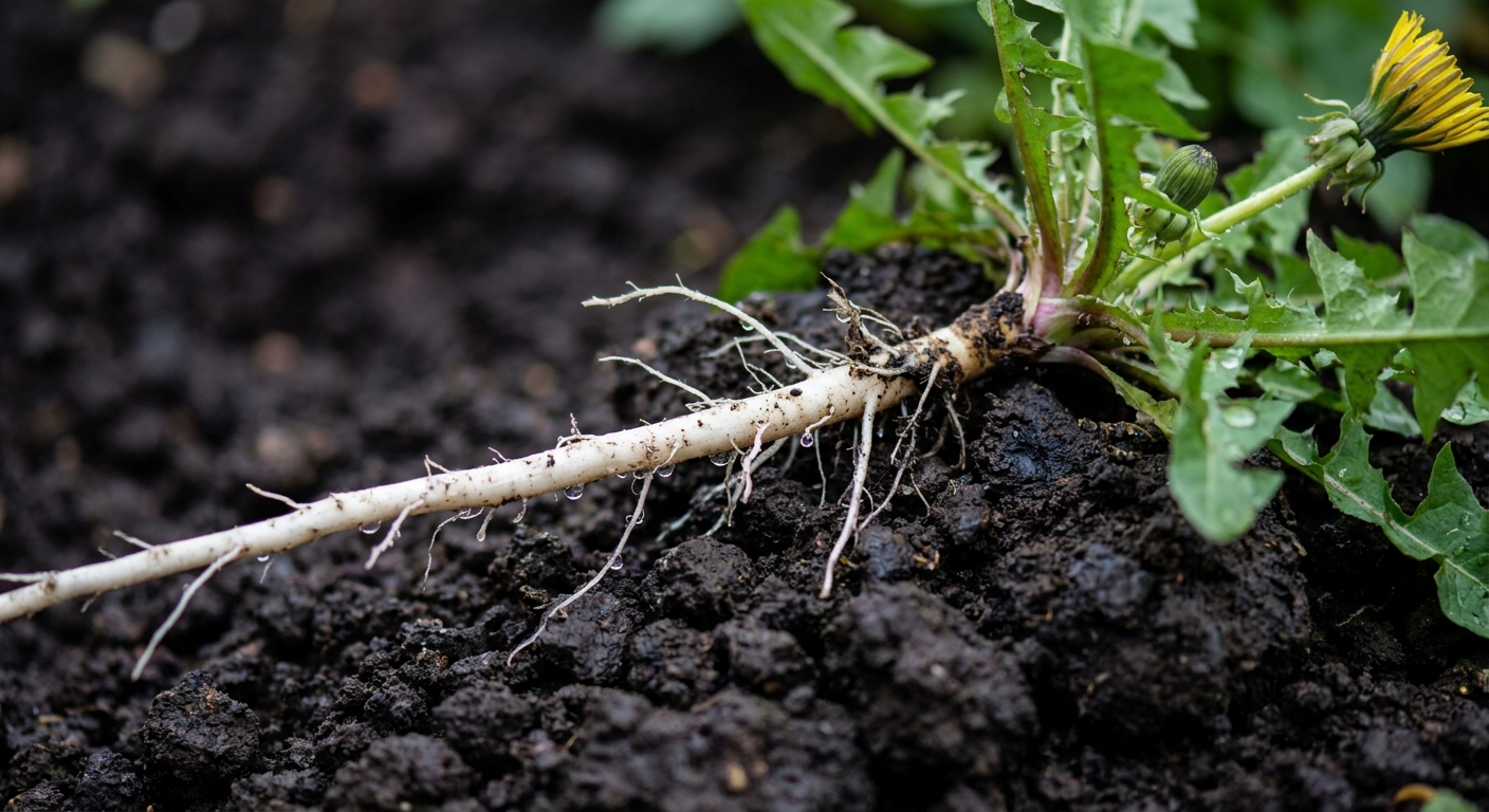 Dandelion plant with long taproot exposed in clay soil typical of Fort Wayne Northeast Indiana yards