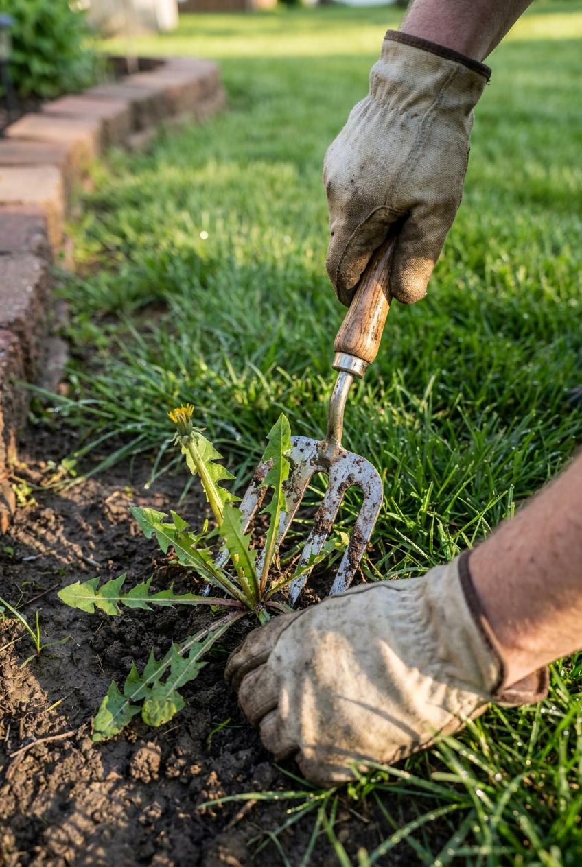 Proper dandelion removal technique using garden fork in moist Fort Wayne lawn soil