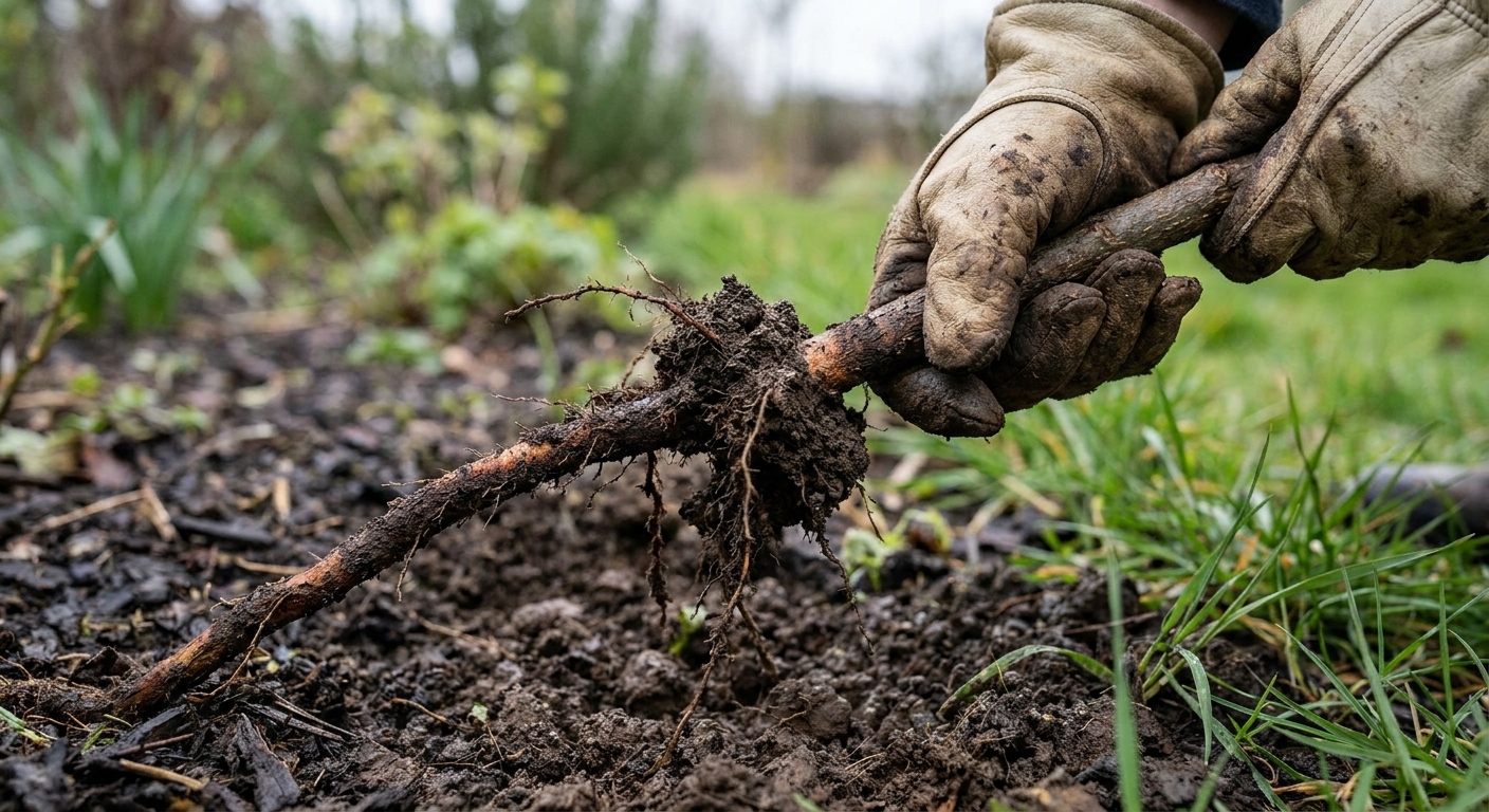 Gloved hand pulling buckthorn weed with full taproot from moist soil in Northeast Indiana yard
