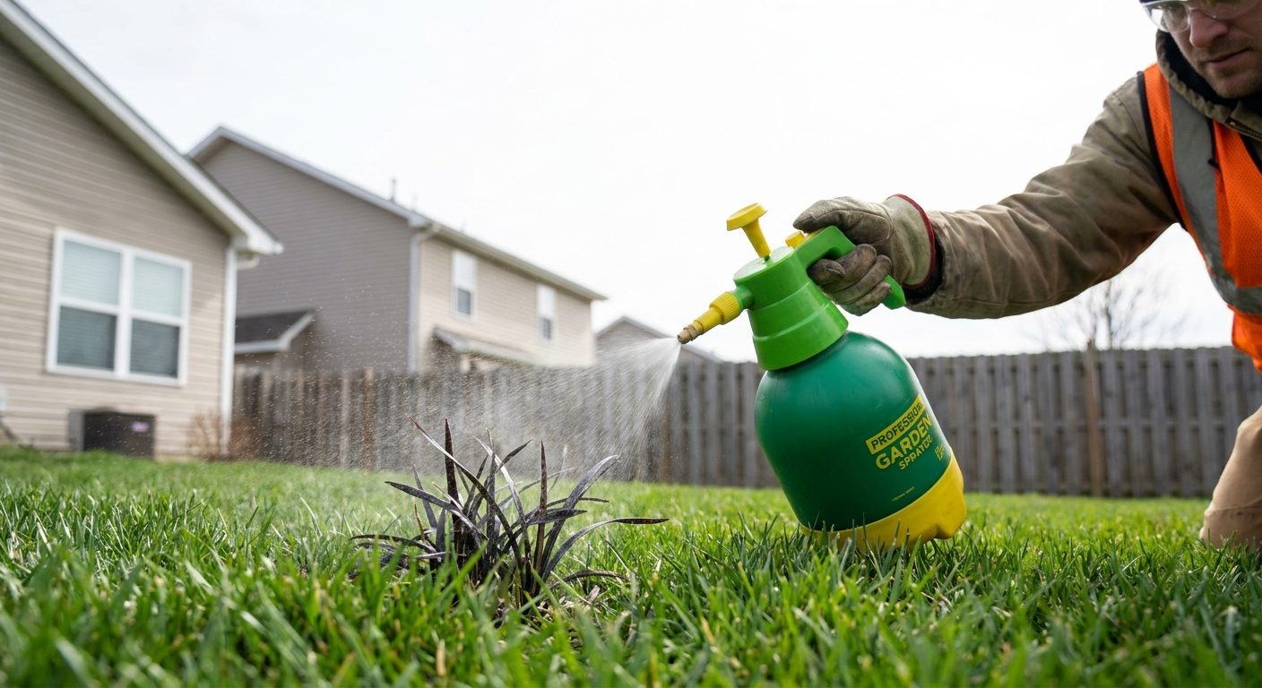Herbicide spray being applied to buckthorn weeds on Fort Wayne lawn during spring treatment season