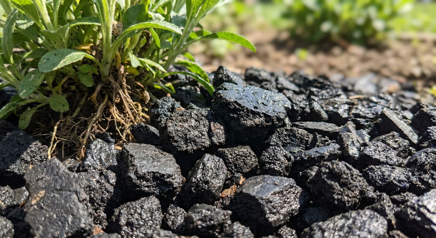 Close-up of durable rubber mulch in Northeast Indiana landscaping bed around plants