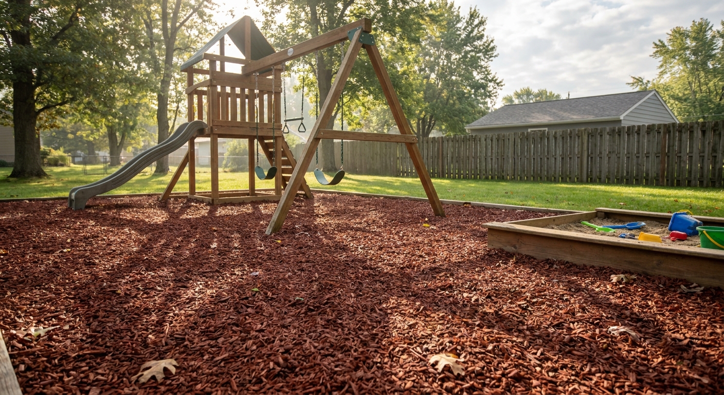 Rubber mulch ground cover for child playground safety in Fort Wayne landscaping