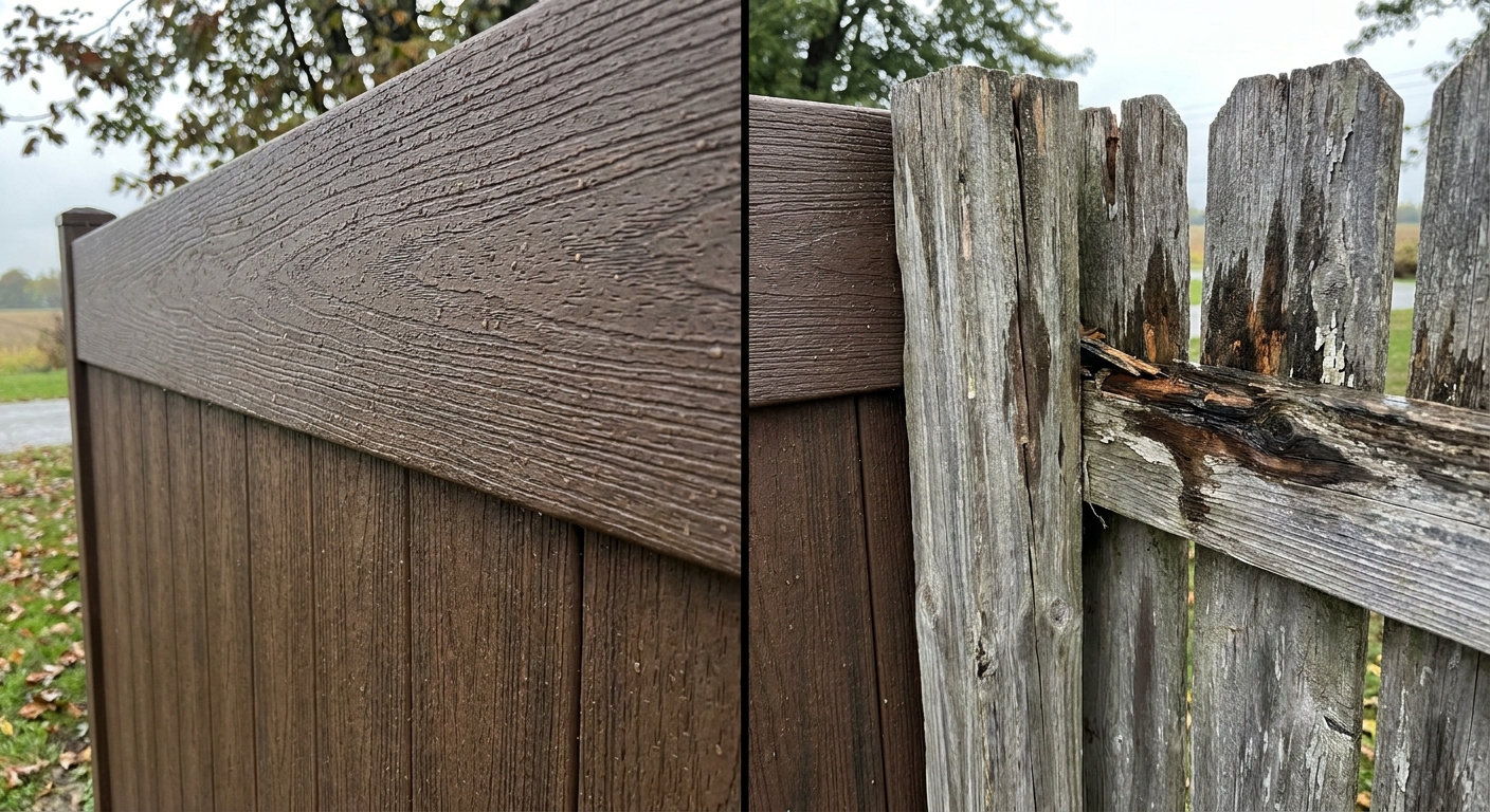 Composite fence boards showing superior durability compared to weathered wood fence in Northeast Indiana climate