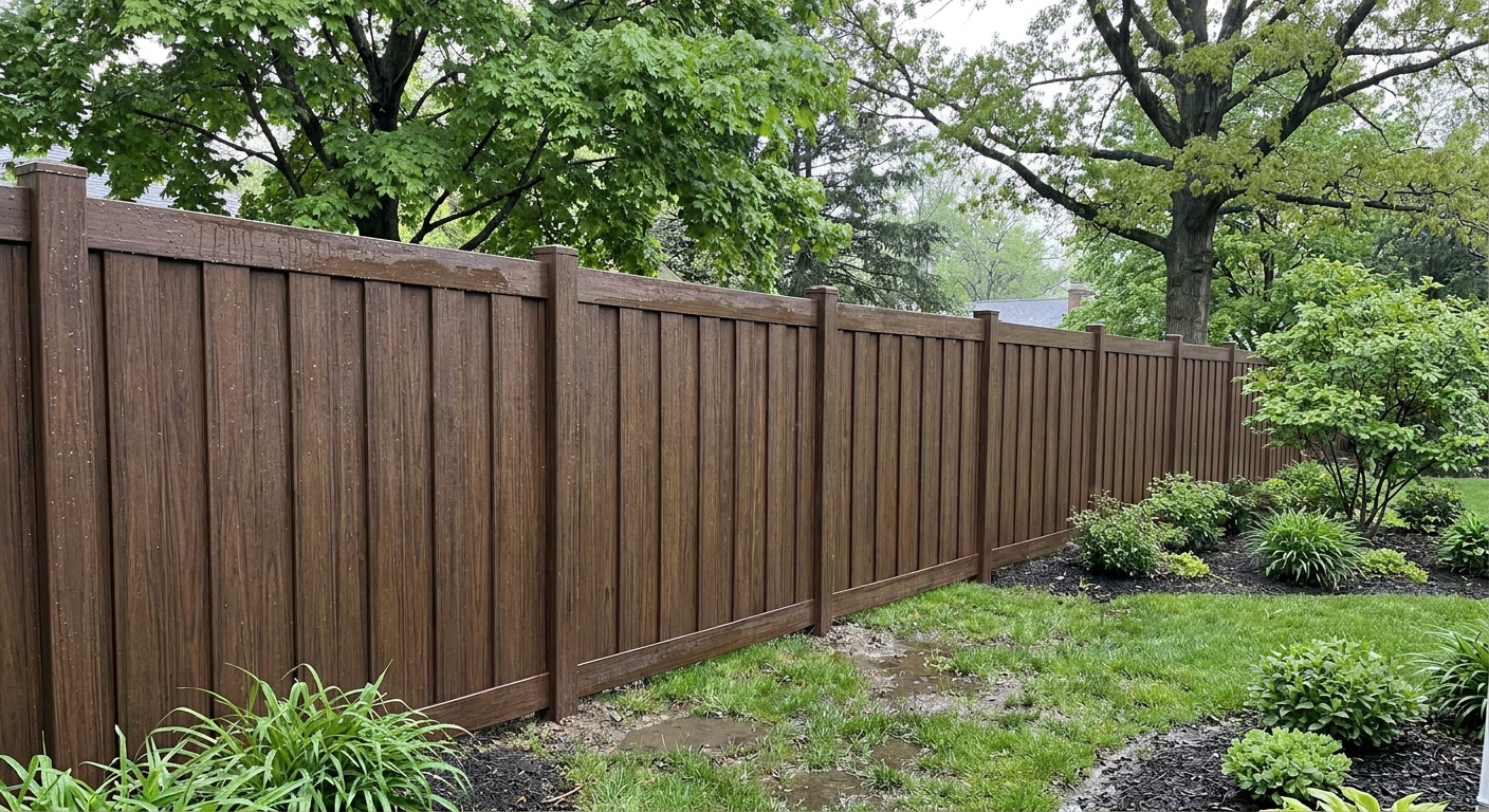 Composite fence resisting moisture and wet weather in Fort Wayne Indiana residential backyard without rot or damage