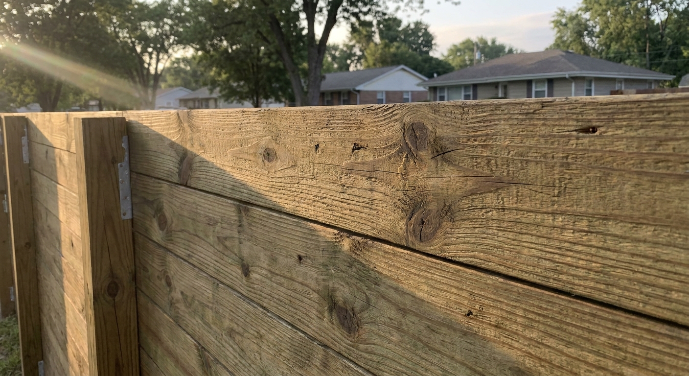 Pressure-treated pine privacy fence boards with detailed wood texture in Northeast Indiana home
