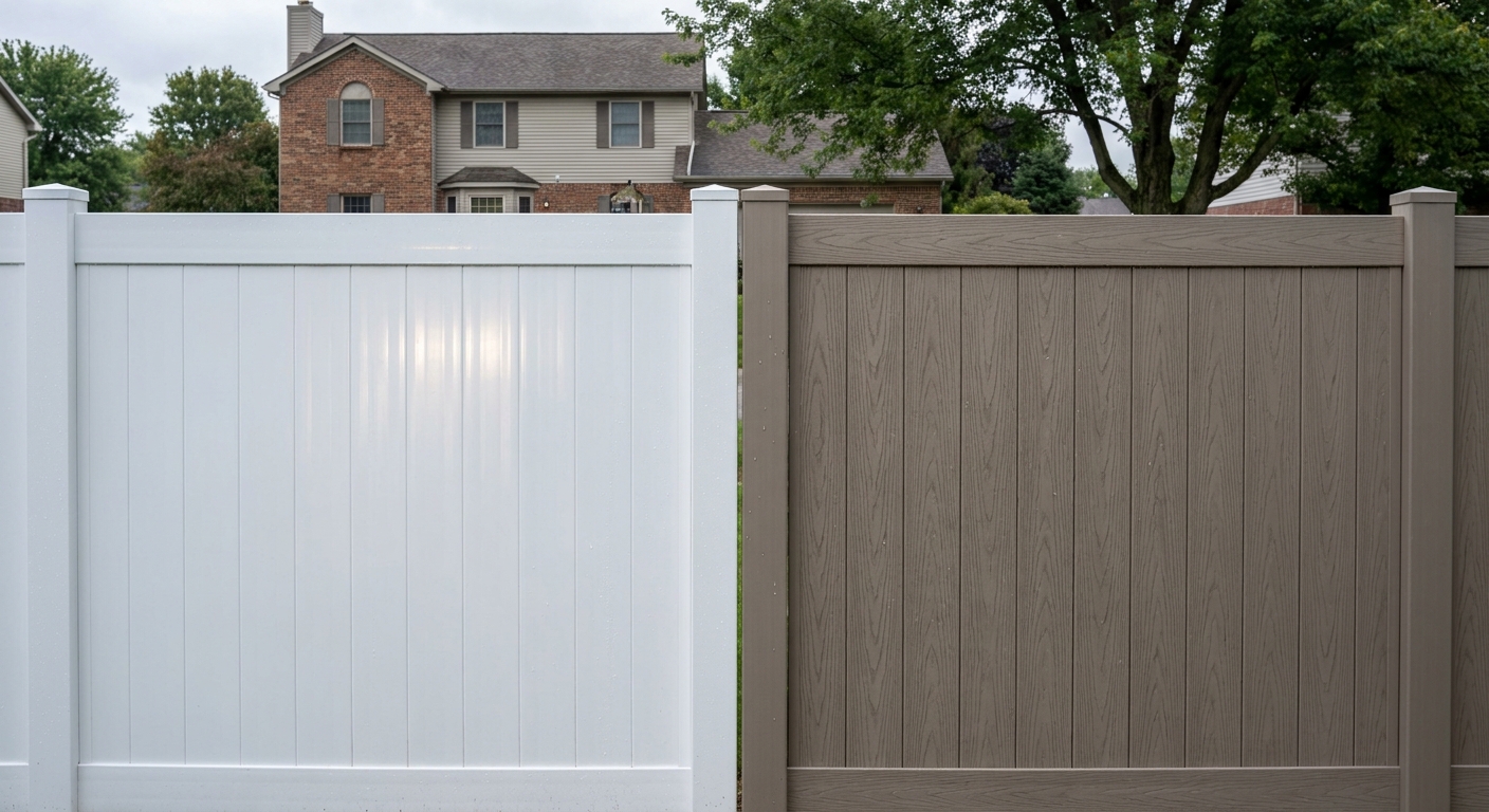 Comparison of white vinyl and brown composite privacy fences installed in Fort Wayne neighborhood