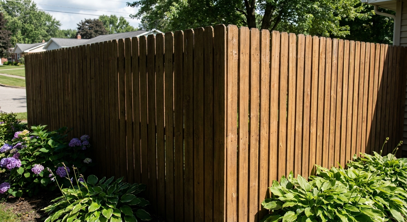 Tall wooden privacy fence blocking neighborhood views from Fort Wayne yard, demonstrating security and privacy features