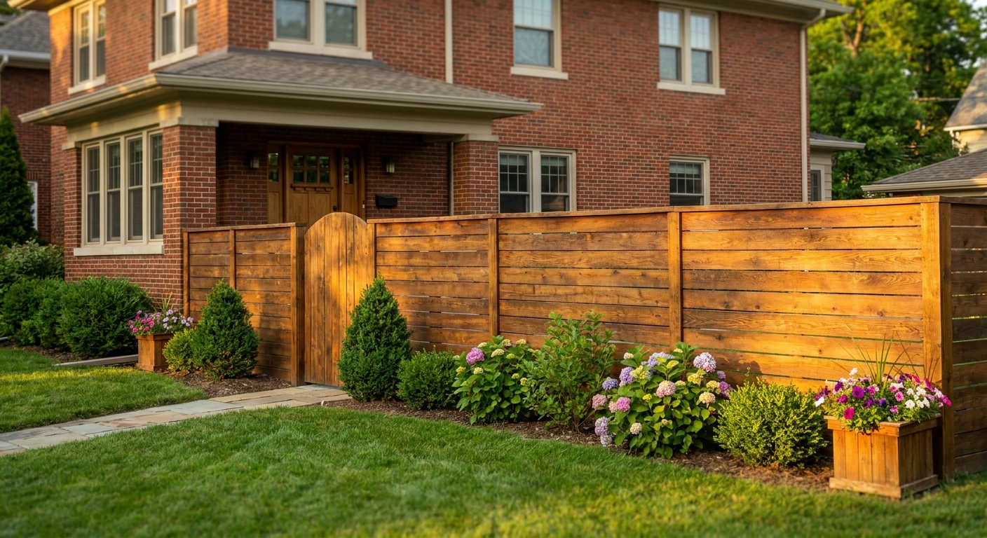 Attractive wood fence with horizontal slats enhancing curb appeal of Fort Wayne residential home and landscaping