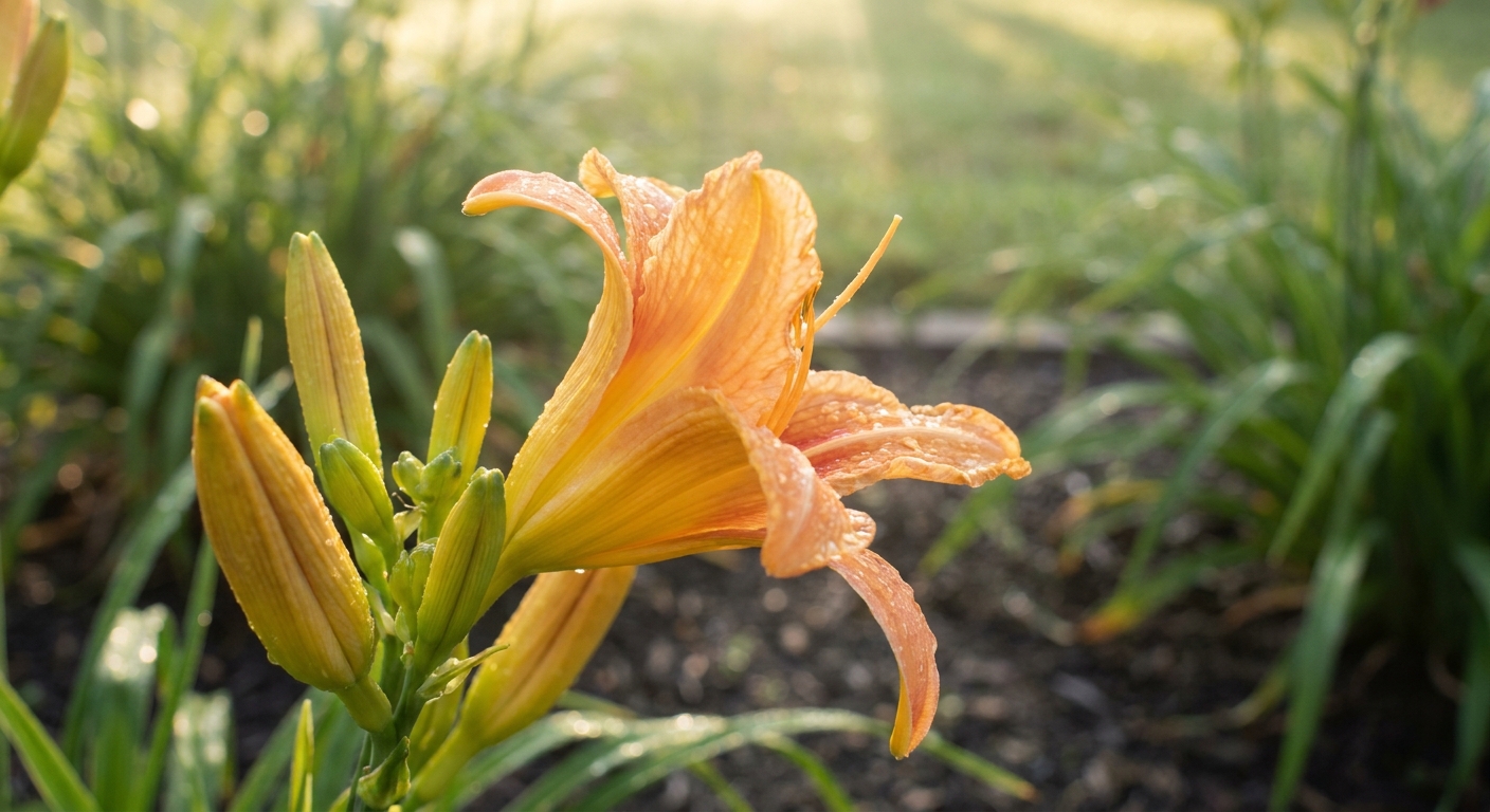 Close-up of opening daylily flowers with morning dew in a Northeast Indiana garden showing trumpet-shaped blooms