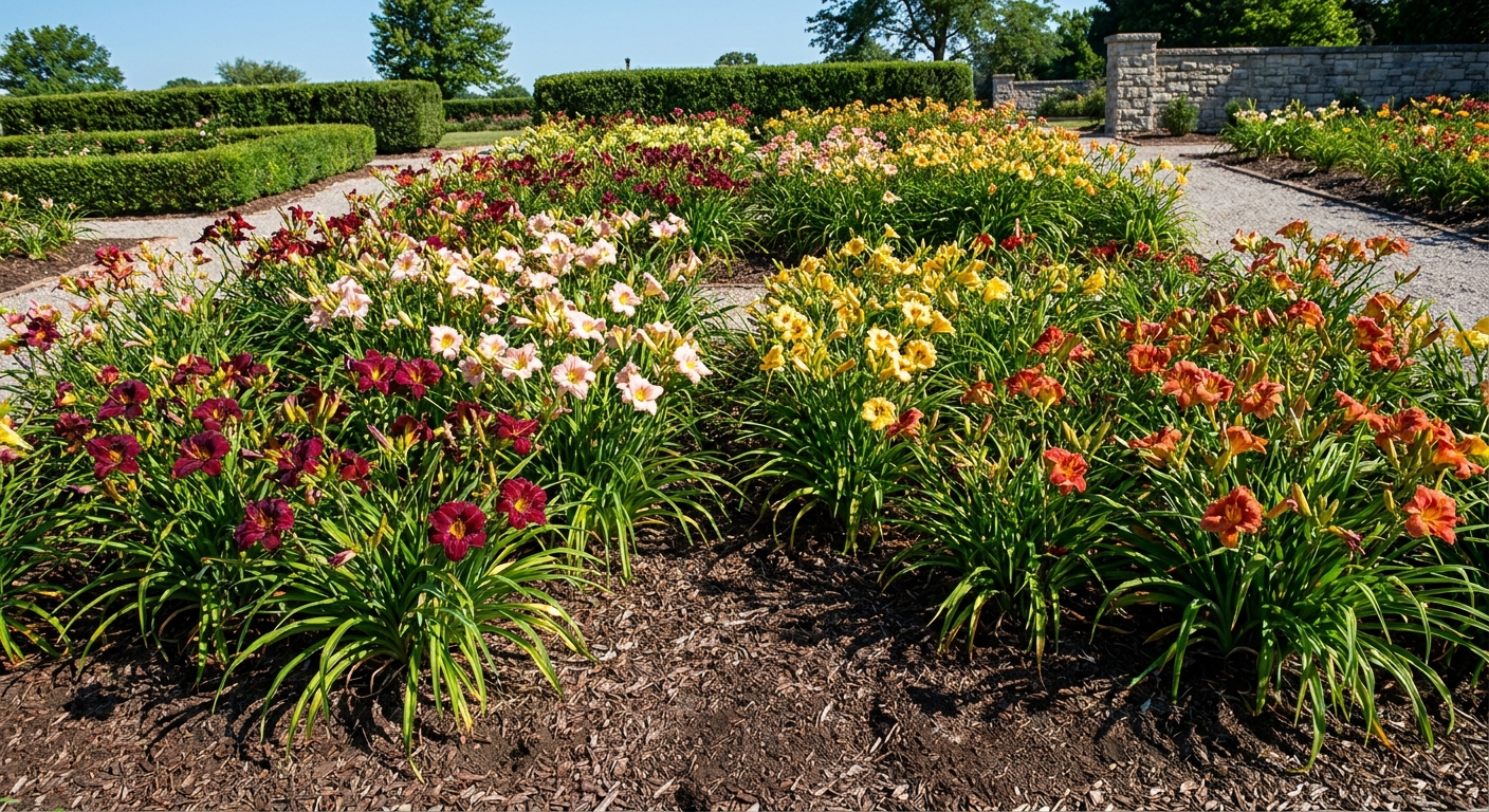 Multiple daylily color varieties planted together in a Fort Wayne landscaping bed showing burgundy, pink, yellow and orange blooms
