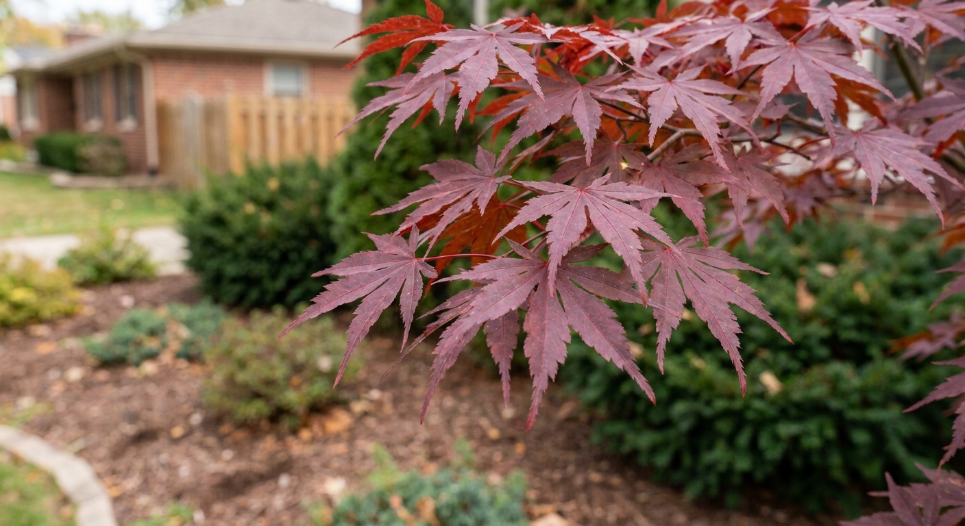 Hardy Japanese maple 'Bloodgood' leaves and branches thriving in Fort Wayne Zone 5b winter conditions