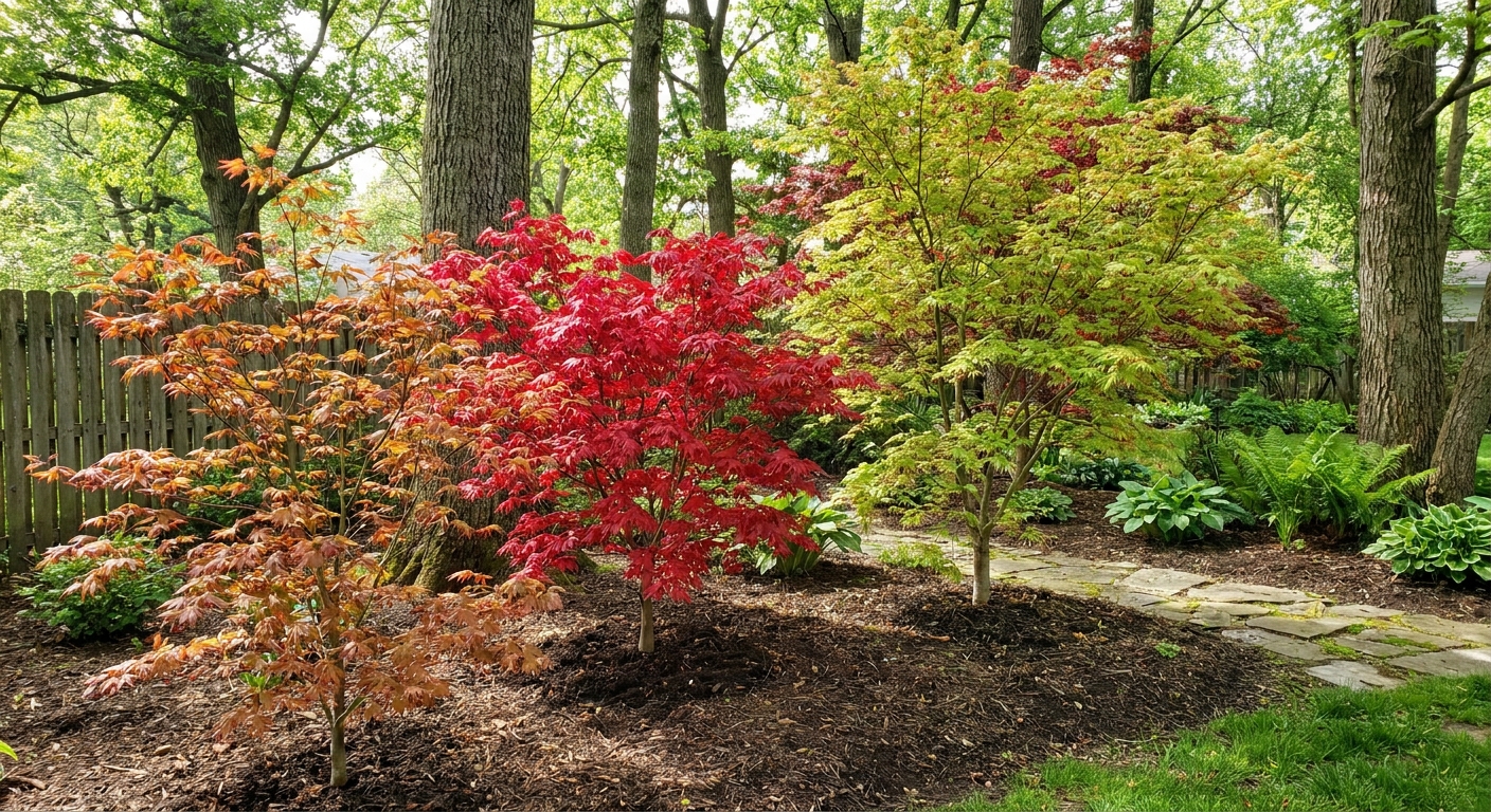 Multiple hardy Japanese maple varieties including Bloodgood and Bonfire thriving in Fort Wayne Northeast Indiana landscaping