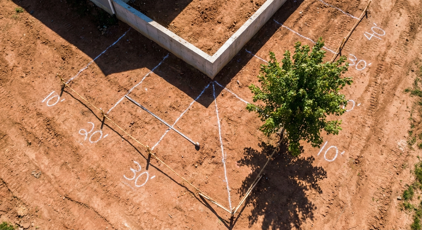 Tree planted 15 feet from Fort Wayne home foundation with measurement marks showing safe spacing distance