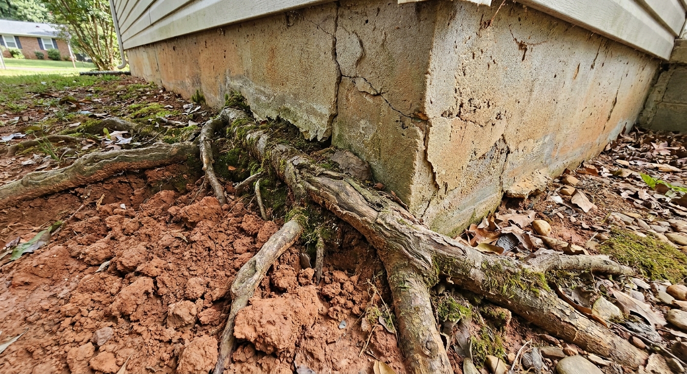 Tree roots spreading near Fort Wayne home foundation showing potential damage risk from moisture-seeking growth