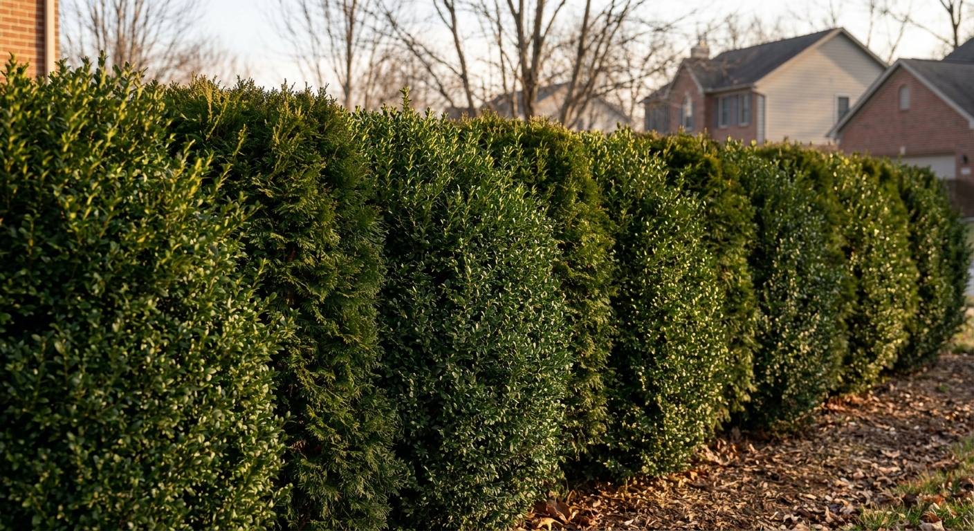 Dense evergreen hedge providing winter privacy between Fort Wayne residential properties