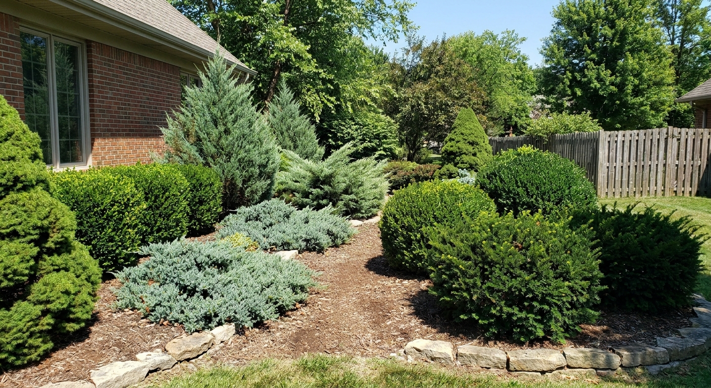 Variety of evergreen bushes including boxwood and juniper in Fort Wayne landscape design