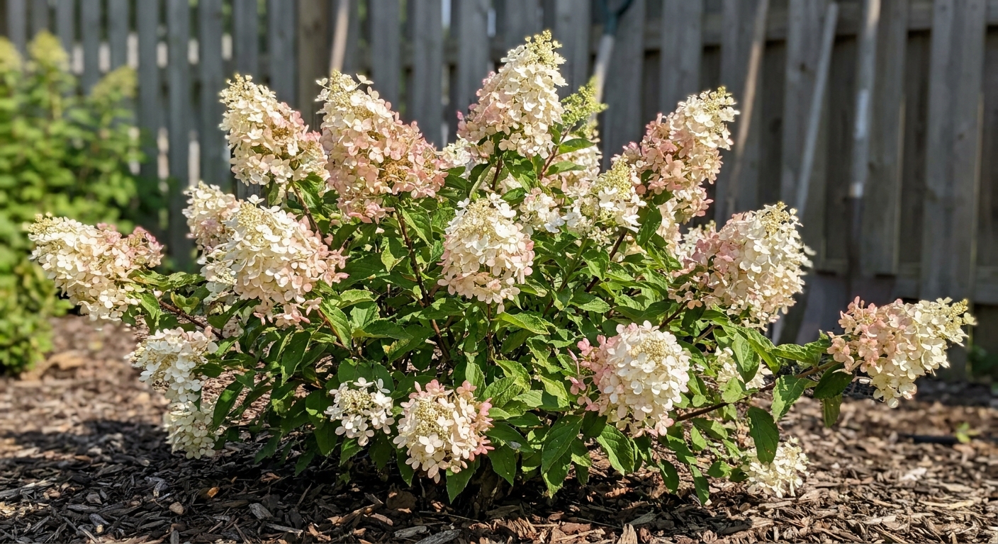 Bobo panicle hydrangea with white to pink cone-shaped flowers in Northeast Indiana compact garden space