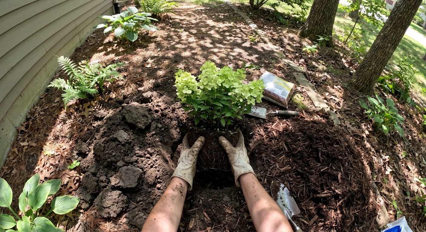 Planting a Little Lime Light dwarf hydrangea in compact Northeast Indiana garden with clay soil visible