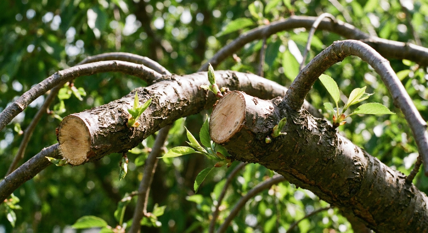 Close-up of weeping cherry tree branches showing fresh pruning cuts and new growth in Northeast Indiana during early summer