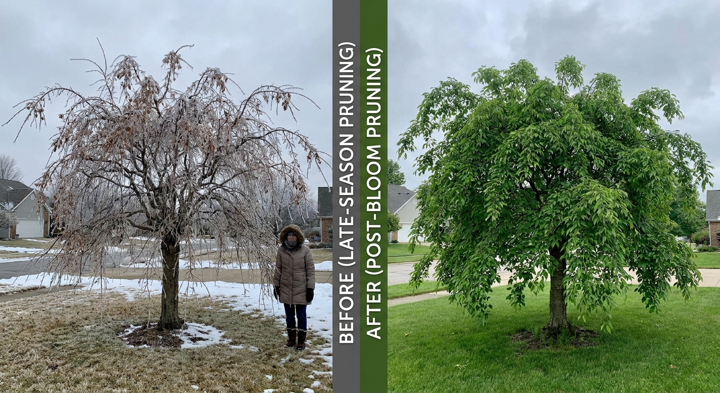 Comparison of frost-damaged weeping cherry tree from late pruning versus healthy tree after proper spring pruning in Fort Wayne