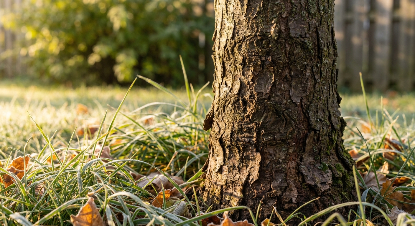 Close-up of strong young tree trunk in Northeast Indiana landscape showing seasonal growth and development
