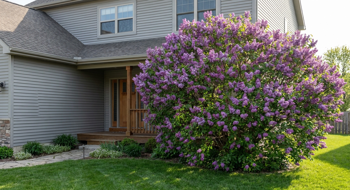 Lilac shrub in full bloom enhancing front yard curb appeal and landscaping design of Fort Wayne home