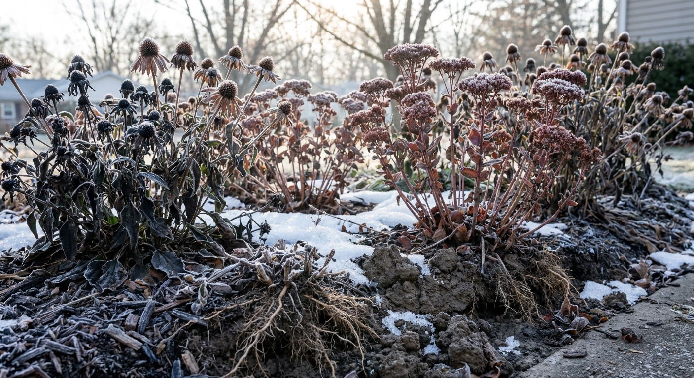 Cold-hardy perennials with frost-covered flowers standing through Fort Wayne winter weather