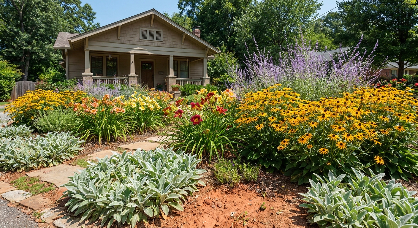 Easy-to-grow perennials including black-eyed Susans and daylilies thriving in Northeast Indiana garden