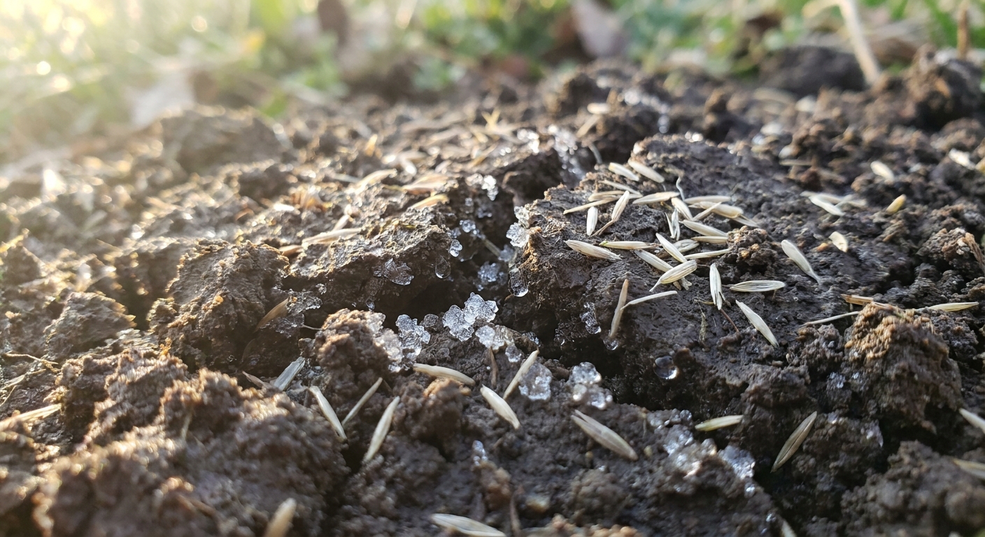 Close-up of grass seed in frozen Fort Wayne soil showing natural cracks from freeze-thaw cycles