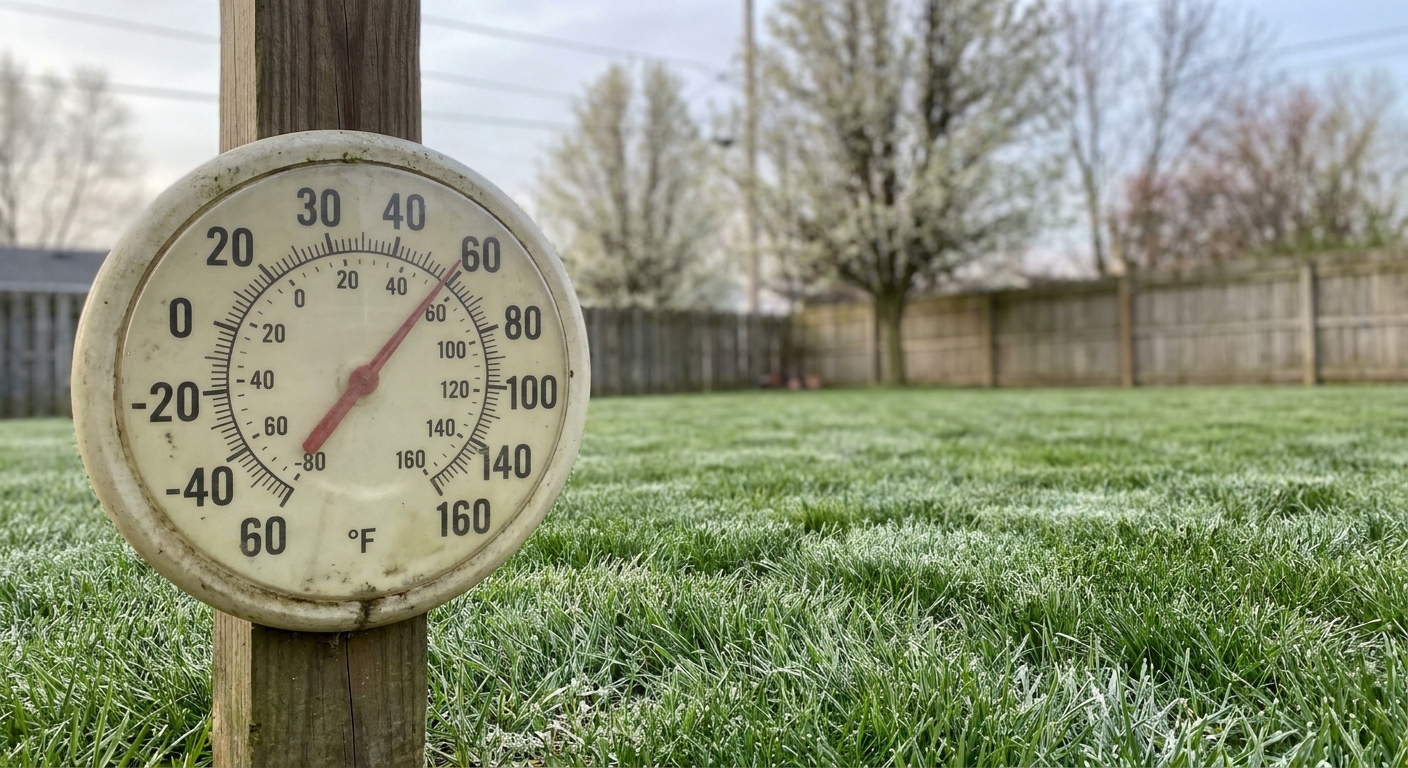 Spring temperature gauge showing ideal 40-50°F range for grass seed germination in Fort Wayne