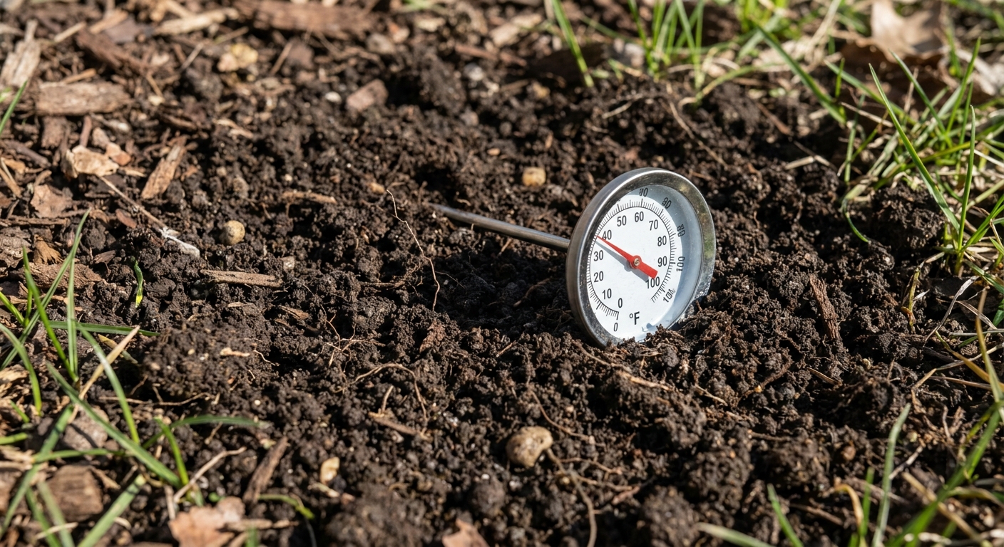 Soil thermometer reading 55 degrees Fahrenheit in Northeast Indiana garden soil during spring pre-emergent season