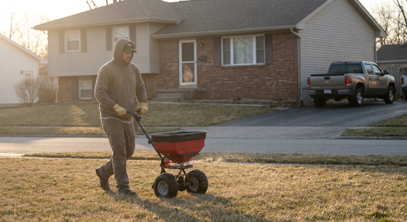Homeowner applying pre-emergent herbicide with spreader across Fort Wayne lawn in early spring morning
