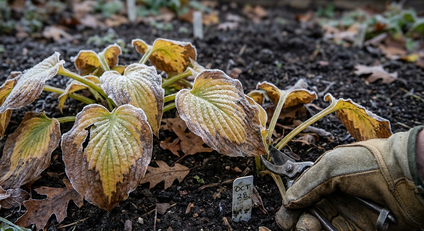Frost-damaged hosta leaves in late fall ready for pruning in Fort Wayne gardens