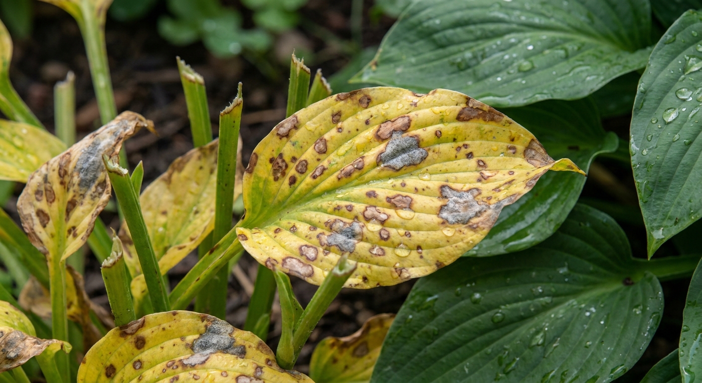 Hosta leaf disease and damage from improper mid-summer pruning in Northeast Indiana