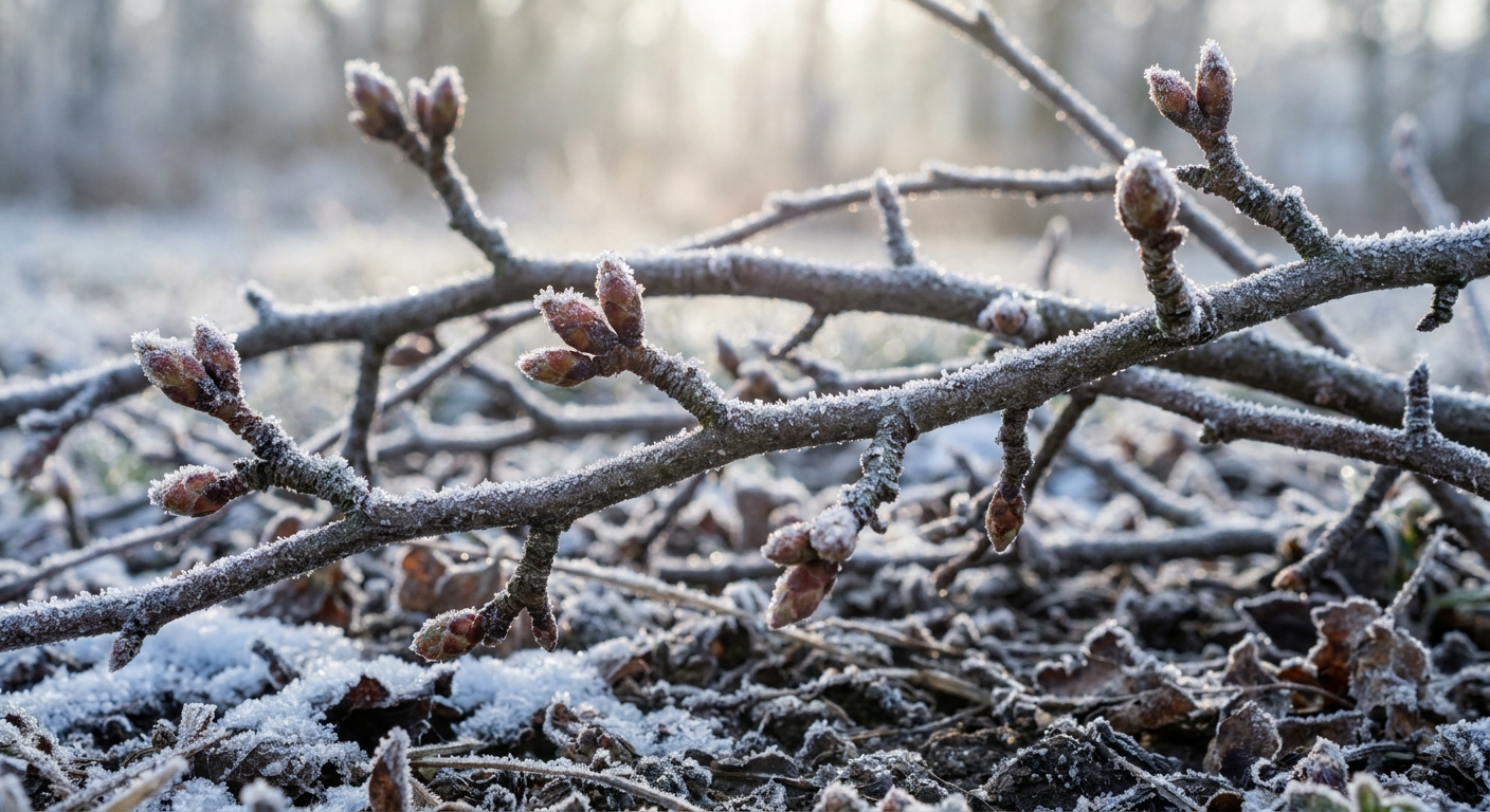 Cold-hardy fruit tree branches with frost in early spring, showing dormant buds for Fort Wayne Zone 5b planting