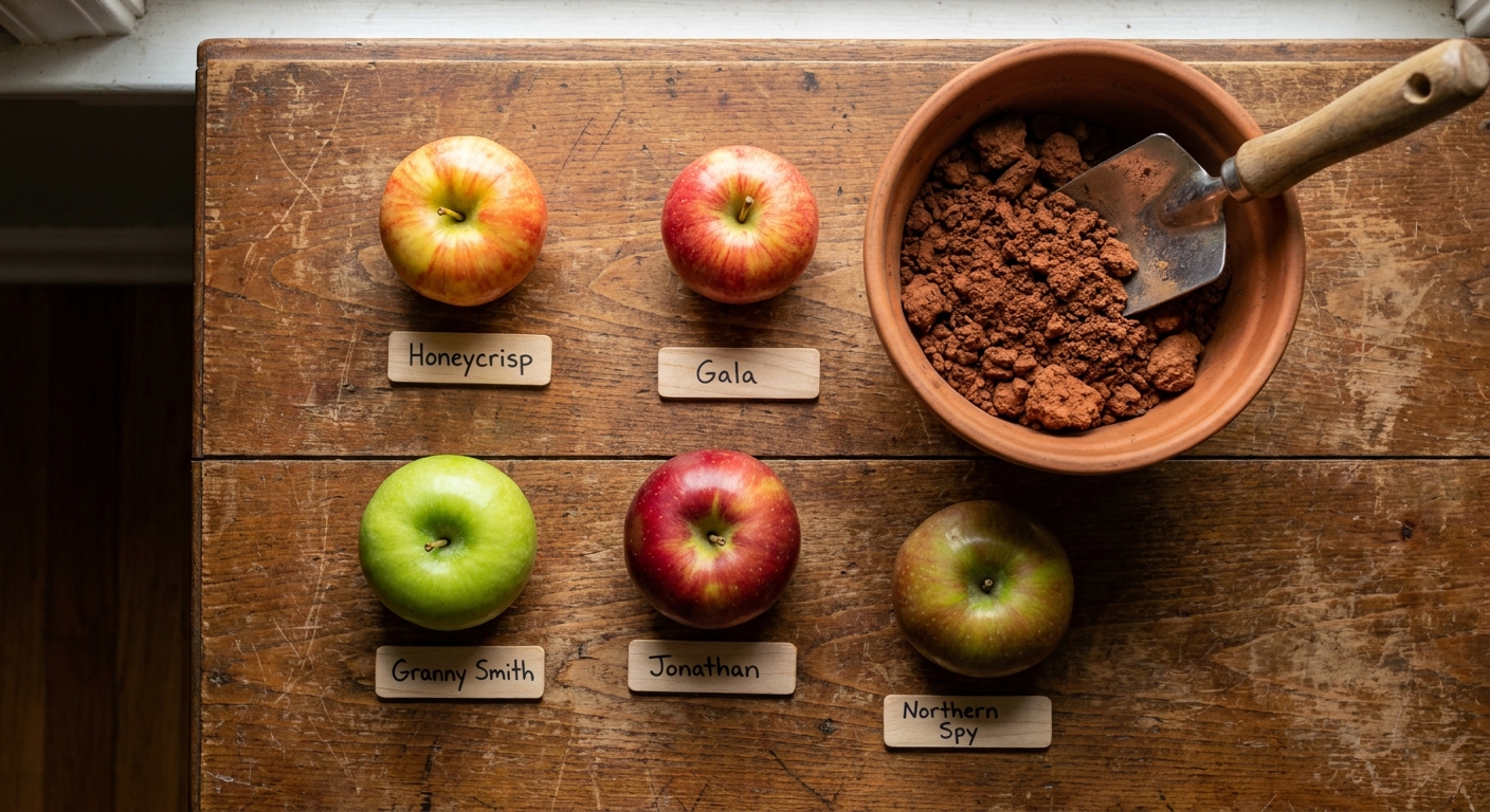 Selection of cold-hardy apple varieties (Honeycrisp, Gala, Granny Smith) suitable for planting in Fort Wayne