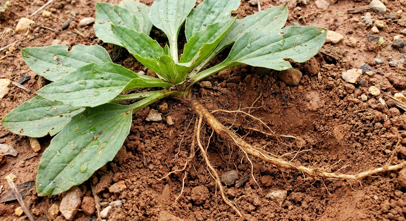 Buckhorn plantain plant with deep taproot exposed in Northeast Indiana clay soil