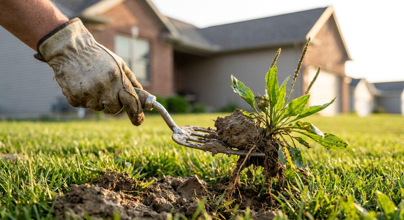 Hand weeding buckhorn plantain from Fort Wayne residential lawn using weeding tool